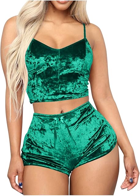 Women's Velvet Pajama Sets 2 Piece Outfits Sexy Crop Cami Top and Shorts Sleepwear Nightwear Lounge Pjs Sets