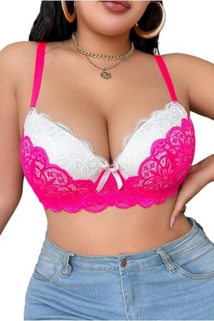 Women's Plus Size Lace Underwire Bras Color Block Push Up Padded Lingerie Bra