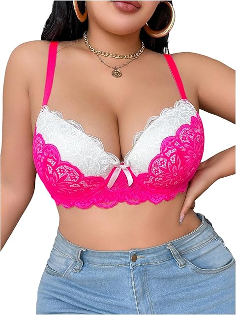 Women's Plus Size Lace Underwire Bras Color Block Push Up Padded Lingerie Bra