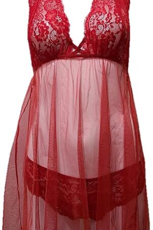 iFondi Women Sexy Cute Babydoll Deep V Lingerie Lace Underwear Nightwear Sleepwear (Red, Large - X Large)