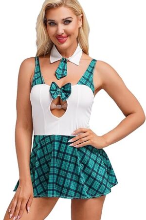 Womens School Girl Lingerie Costume Sexy V Neck A-line Dress Uniform 3Pcs with Thong Choker