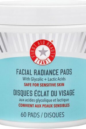 First Aid Beauty - Facial Radiance Pads with Glycolic & Lactic Acids, Daily Exfoliating pads with AHA that Help Tone & Brighten Skin, One-Step Makeup Prep, Compostable for Daily Use, 60 ct