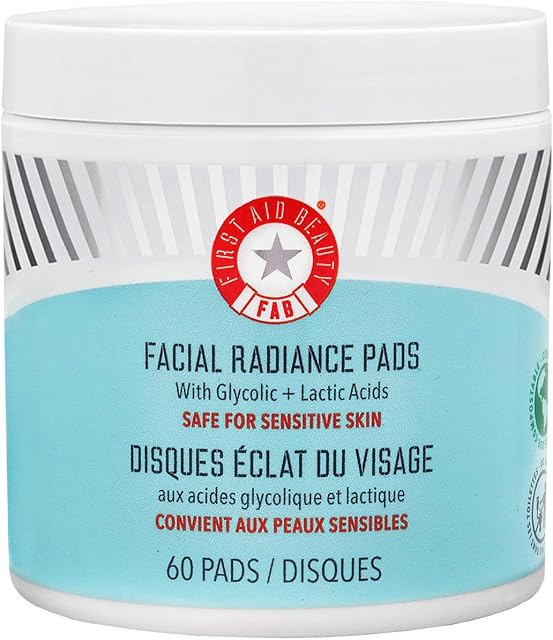 First Aid Beauty - Facial Radiance Pads with Glycolic & Lactic Acids, Daily Exfoliating pads with AHA that Help Tone & Brighten Skin, One-Step Makeup Prep, Compostable for Daily Use, 60 ct