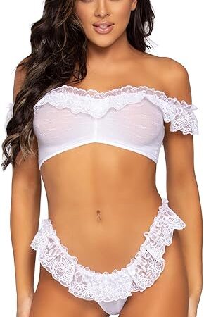 Women's 2 Pc Lace Ruffle Off The Shoulder Set with Point D'Esprit Crop Top, Thong Panty, White, One Size