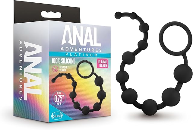Blush Novelties Sex Toys - Anal Adventures Platinum - Ultrasilk Silicone 10 Beads - Graduated Sizes - 12.5 Inch Long - Beginners Training Smooth Satin Finish - Anal Beads - Women Men Couples - Black