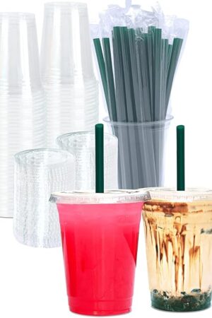 16 oz Clear Plastic Cups with Lids and STRAWS, Disposable Drinking Cups for Cold Drinks, Iced Coffee, Milkshakes, Smoothies, 25 Sets
