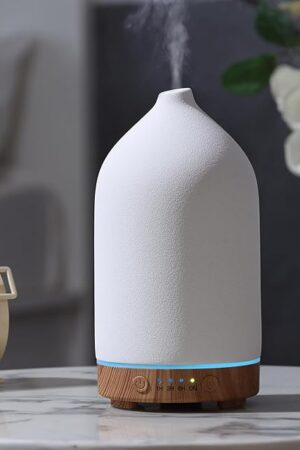 200ML Ceramic Essential Oil Diffuser - Ultrasonic Aromatherapy & Humidifier with 7-Color LED Lights, Auto Shut-Off, Wood Grain Base, 1H/3H/6H Timer | Scent for Home, Office, Yoga