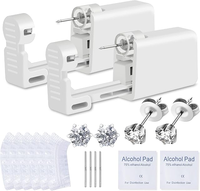 Ear Piercing Kit, Anzero 2 Pcs Disposable Ear Piercing Gun with Preloaded Ear Stud, at Home Self Ear Piercing Gun Kit - 5MM Earrings Stud