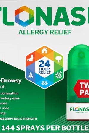Flonase Allergy Relief Nasal Spray, 24 Hour Non Drowsy Allergy Medicine, Metered Nasal Spray - 144 Sprays (Pack of 2) - Fall and Seasonal Allergy Relief