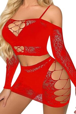 Women's Fishnet Mesh Lingerie Set - Stretchy See Through Bodysuit Dress for, Layering or Nightwear Outfit, Cosplay