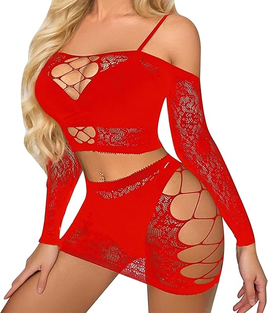 Women's Fishnet Mesh Lingerie Set - Stretchy See Through Bodysuit Dress for, Layering or Nightwear Outfit, Cosplay