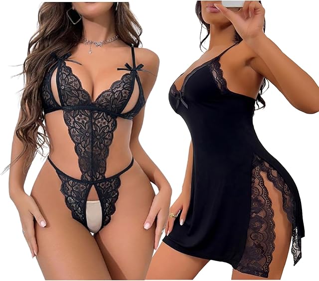 Women's Sexy Lace Lingerie Bodysuit & Women Sexy Lingerie Nightwear Milk Silk Dress Sleepwear