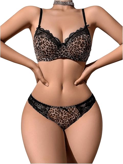 Women's Sexy Leopard Underwire Push Up Bra and Panty Sets Cheetah Print 2 Piece Lingerie Set