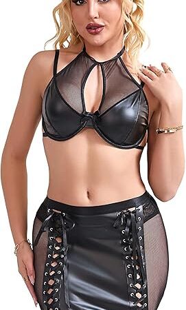 Faux Leather Lingerie Set for Women Deep V Neck Underwire Bra and Bodycon Mini Skirt Bra Set Garter Lingerie