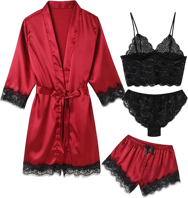 Women's Pajama Satin Sexy Lingerie Robe Set 4Pcs Pjs Silk Sleepwear Lace Cami Shorts Loungewear