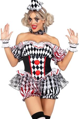 Womens Darling Harlequin Sexy Clown Costume With Clown Hat Headband