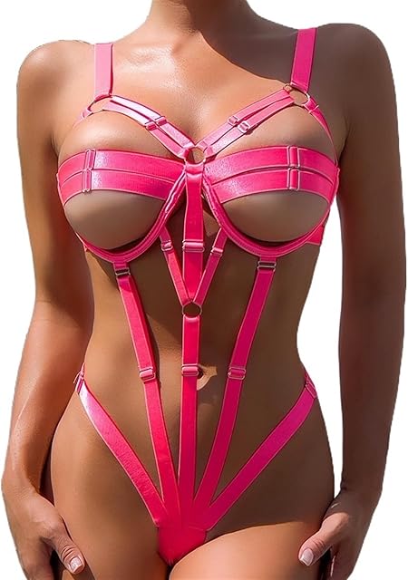 Women Sexy Bodysuit Hollow Out Bandage Lingerie Set One Piece Teddy Lingerie Push Up Babydoll(Pink,S)