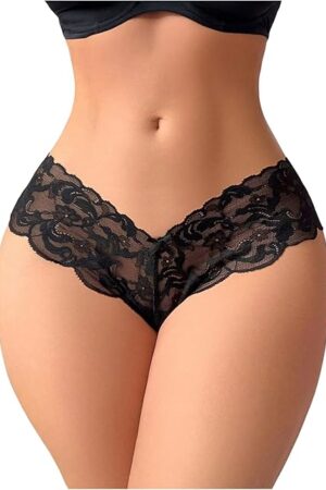Women's Sexy Lace Thong Cheeky Panties V Cut Low Rise Briefs Bow Low Waisted Comfy Underwear