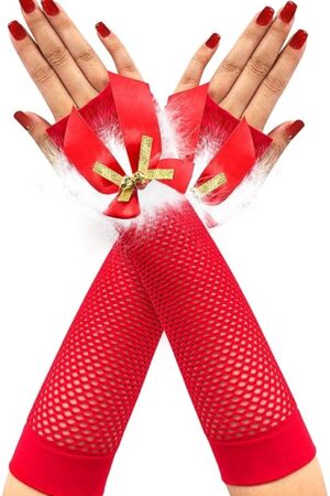 Women's Christmas Gloves Sexy Santa Fingerless Fishnet Gloves with Bells Bows Xmas Red Lingerie Costume Accessories