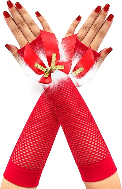 Women's Christmas Gloves Sexy Santa Fingerless Fishnet Gloves with Bells Bows Xmas Red Lingerie Costume Accessories