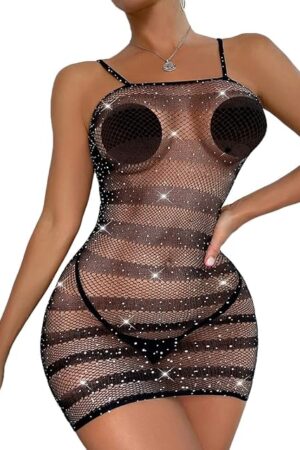 Womens Fishnet Lingerie Sexy Dress Rhinestone Sheer Mesh Bodycon Transparent Striped Babydoll Sleeveless Mini Chemise Stretch Underwear Stripper Outfit Hollow Out Beach Cover Up Black