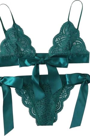 Women Bra Sexy Underpant Scalloped Trim Tie Side Lace Set Lingerie Bow Babydoll Butterfly Lace Up Bow Lingerie top Green