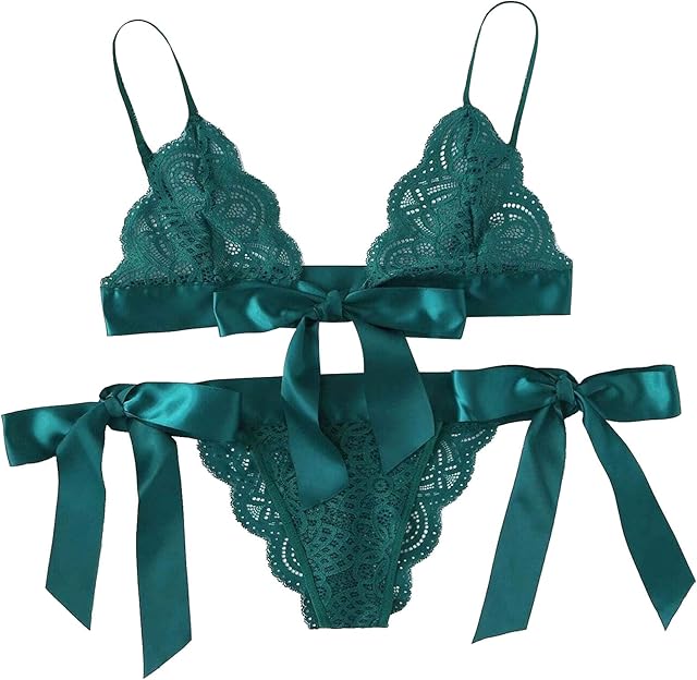 Women Bra Sexy Underpant Scalloped Trim Tie Side Lace Set Lingerie Bow Babydoll Butterfly Lace Up Bow Lingerie top Green