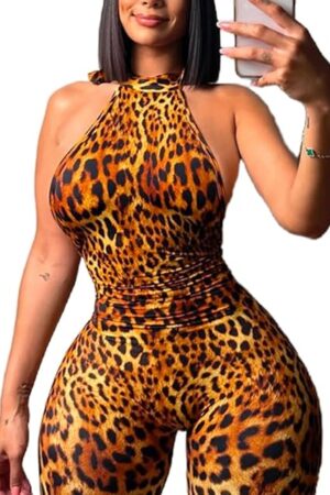 Womens Jumpsuit Leopard Print Hanging Neck Sleeveless Backless Cheetah Print Capri Pants Sexy Romper Summer Clubwear