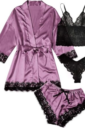 Women's 4pcs Sexy Sleepwear Silk Satin Pajamas Set Floral Lace Trim Cami Lingerie with Robe