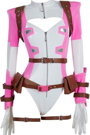 Anime Cosplay Bodysuit for Women Sexy Lingerie Cosplay Costume Pink Cutout Bodycon with Waist Bag Mask