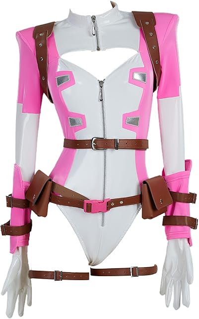 Anime Cosplay Bodysuit for Women Sexy Lingerie Cosplay Costume Pink Cutout Bodycon with Waist Bag Mask