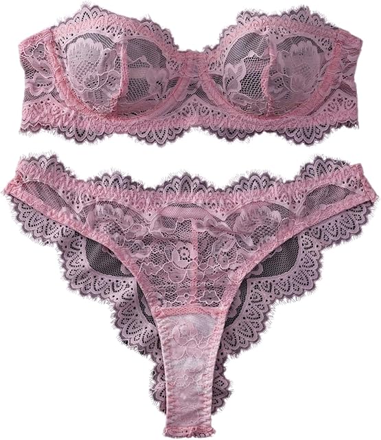 Women's Lace Lingerie Set Strapless Underwire Bandeau Bra and Panty Sets