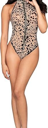 Women's Flocked Cheetah Print Mesh Teddy with High-Neck Halter Neckline Black