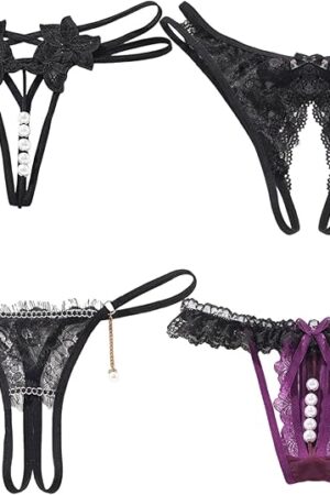 4Pcs Women Sexy Panties Floral Lace Bow Briefs Thongs Underwear T-Back Low Waist V-Shape Breathable 4-Pack M