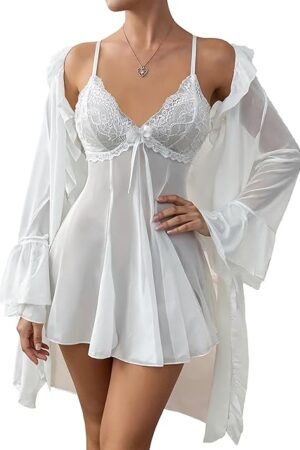 Women's Mesh Sheer Pajama Set Nightgown with Robes 2 Piece Sexy Cami Lace Nightdress with Robe Sleepwear