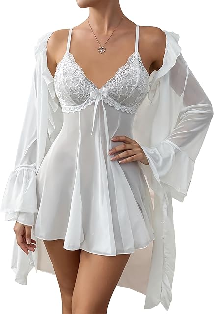 Women's Mesh Sheer Pajama Set Nightgown with Robes 2 Piece Sexy Cami Lace Nightdress with Robe Sleepwear