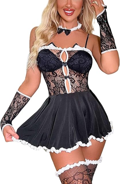 Fishnet Mini Dress for Women Sexy Lingerie Off-shoulder Lace Bodycon Sheer See through Top Attached Pleated Skirt Babydoll Cosplay Costume Halloween Black Maid Outfit Bodysuit with Gloves