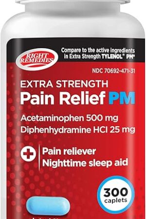 Extra Strength Pain Relief PM & Nighttime Sleep Aid Caplets,(300 count), Acetaminophen 500 mg & Diphenhydramine HCl 25 mg, Non-Habit Forming, Compare to Active ingredients of Tylenol PM