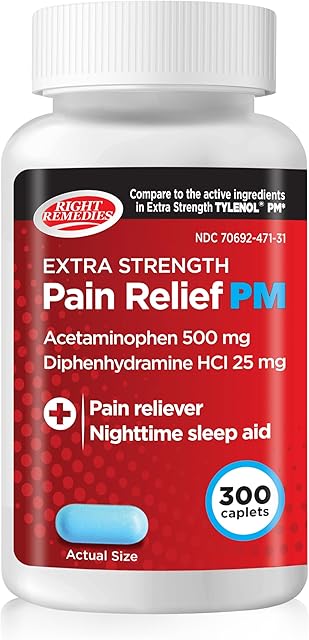 Extra Strength Pain Relief PM & Nighttime Sleep Aid Caplets,(300 count), Acetaminophen 500 mg & Diphenhydramine HCl 25 mg, Non-Habit Forming, Compare to Active ingredients of Tylenol PM