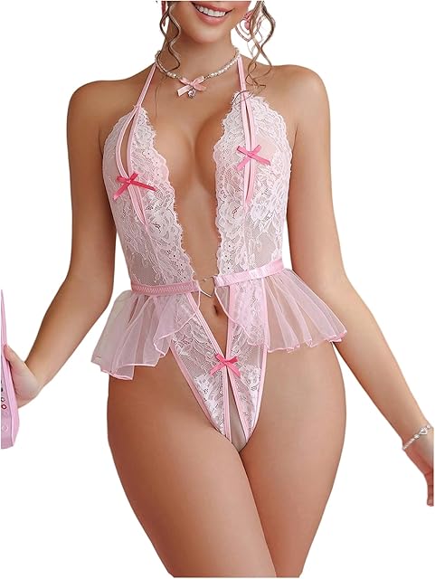 Women's Deep V Neck Lace Teddy Bodysuit Halter Ruffle One Piece Mini Babydoll Lingerie