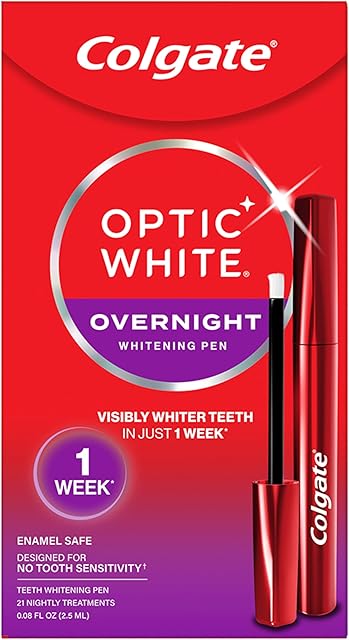 Colgate Optic White Overnight Teeth Whitening Pen, Hydrogen Peroxide Teeth Whitening Pen, Visibly Whiter Teeth In Just 1 Week When Used as Directed, 21 Whitening Treatments, 008 fl oz