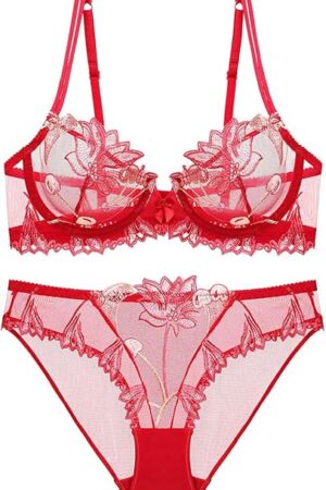 Women's Sexy Soft Lace Lingerie Set See Through Underwear Floral Lace Underwire Sheer Bra and Panty Set(Bright Red,32C)