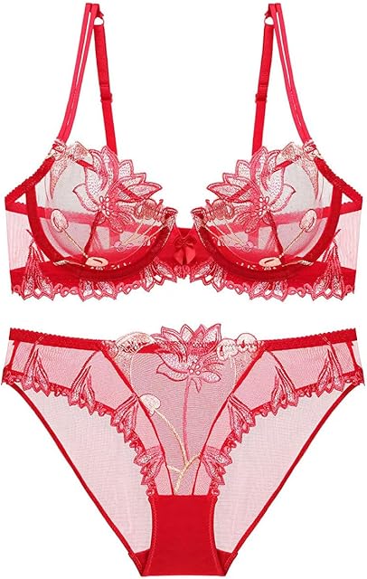 Women's Sexy Soft Lace Lingerie Set See Through Underwear Floral Lace Underwire Sheer Bra and Panty Set(Bright Red,32C)