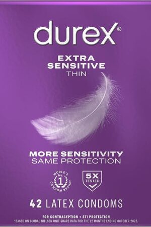 Condoms, Durex RED Extra Sensitive, Ultra Fine, Extra Lubricated Natural Rubber Latex Condoms for Men, 42 Count, FSA & HSA Eligible
