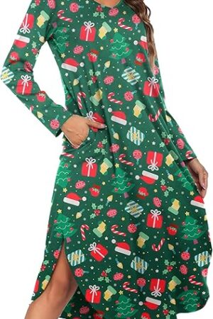 Womens Nightgown V Neck Nightshirts Long Sleeve Sleepwear with Pockets S-XXL