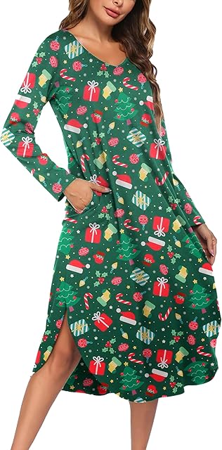 Womens Nightgown V Neck Nightshirts Long Sleeve Sleepwear with Pockets S-XXL