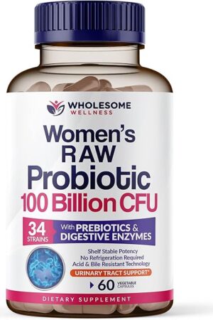 Wholesome Wellness Dr Formulated Raw Probiotics for Women 100 Billion CFUs Capsules with Prebiotics, Digestive Enzymes, Approved for Adults, Shelf Stable Supplement