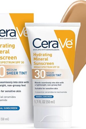 CeraVe Hydrating Mineral Sunscreen SPF 30 with Sheer Tint, Tinted Mineral Sunscreen with Zinc Oxide & Titanium Dioxide, Blends Seamlessly For Healthy Glow, Medium, 17 Fluid Ounce