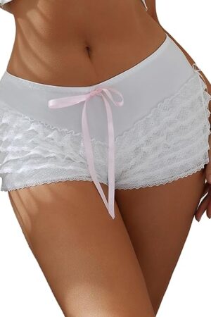 Women Lolita Bloomers White Ruffle Shorts with Bow Sexy Boy Short Panties Fairy Lace Layered Bottoms Y2k Cute Pettipants