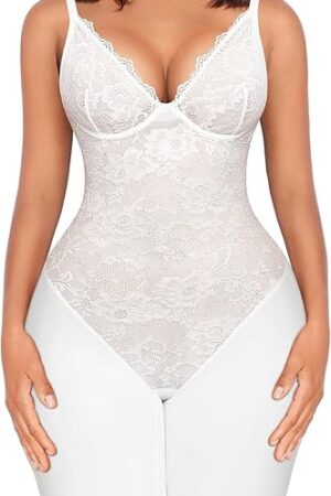 Lace Bodysuit for Women Tummy Control Shapewear Bodysuit Tops V Neck Corset Body Suit Mid Thigh Body Shaper